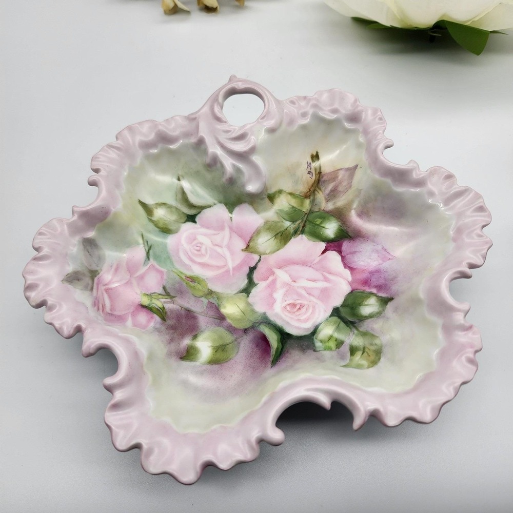 Beautiful Porcelain Hand Painted Victorian Roses Flowers Nappy Dish Pink Signed - Picture 6 of 11